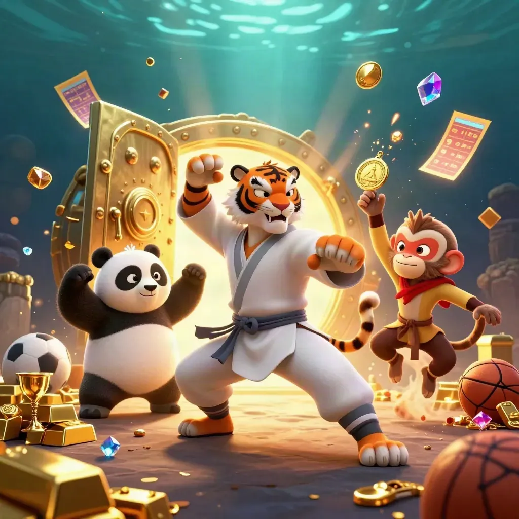 Kung-fu tiger, panda, and monkey burst around a golden vault and sports balls.
