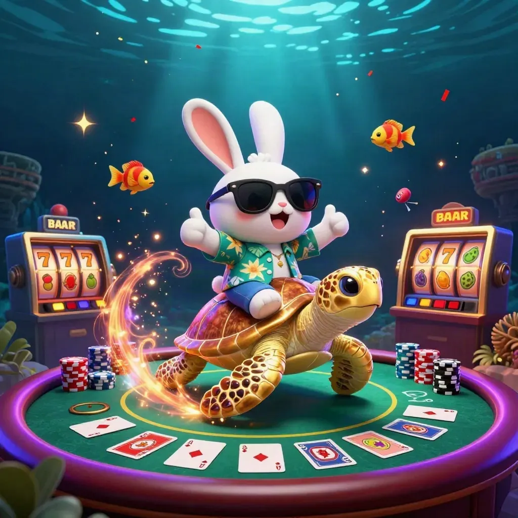 Rabbit in sunglasses rides a gold turtle amid casino props, glowing underwater with confetti and reels.