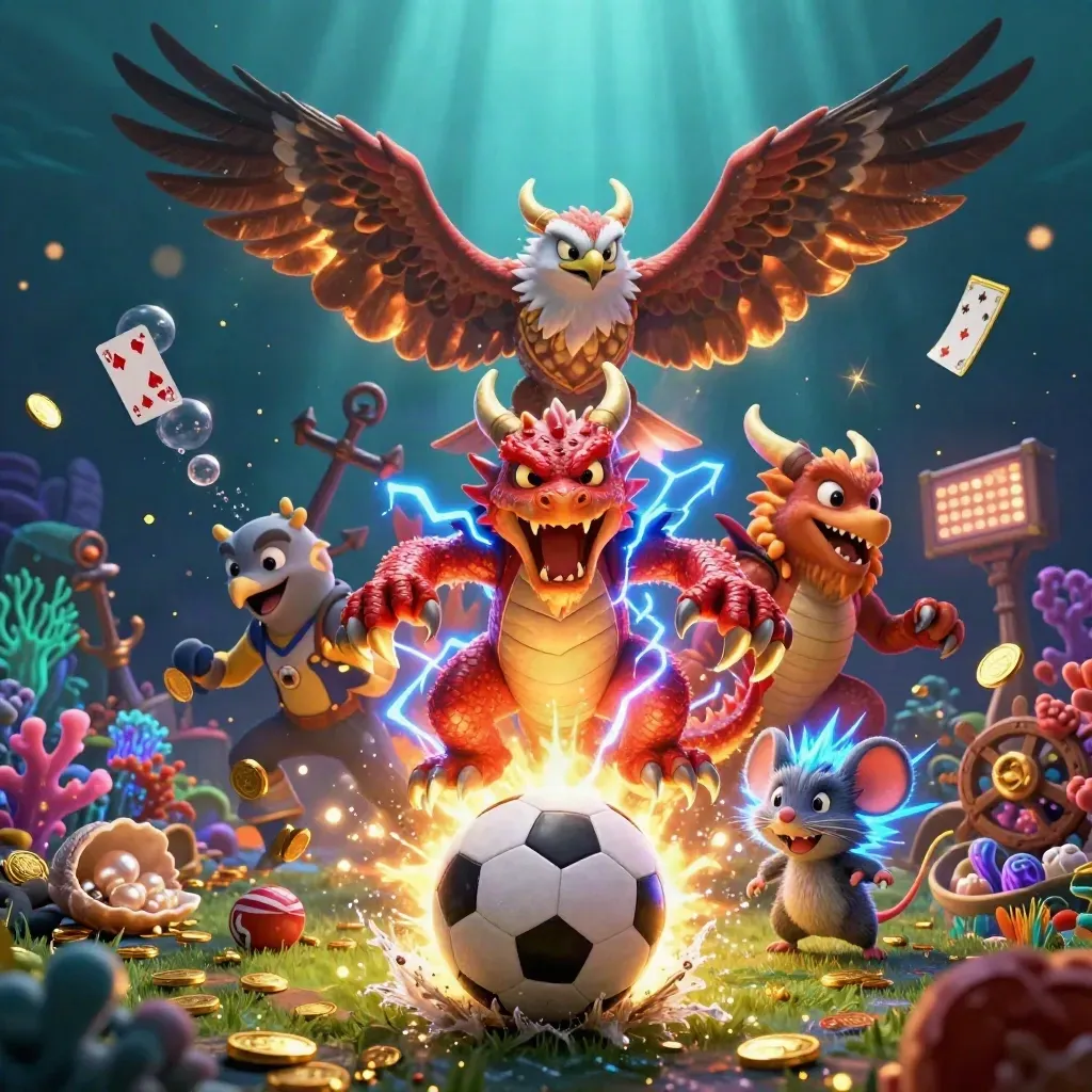 Dragon, hawk, and mouse explode around a frozen soccer ball in glowing underwater casino art.