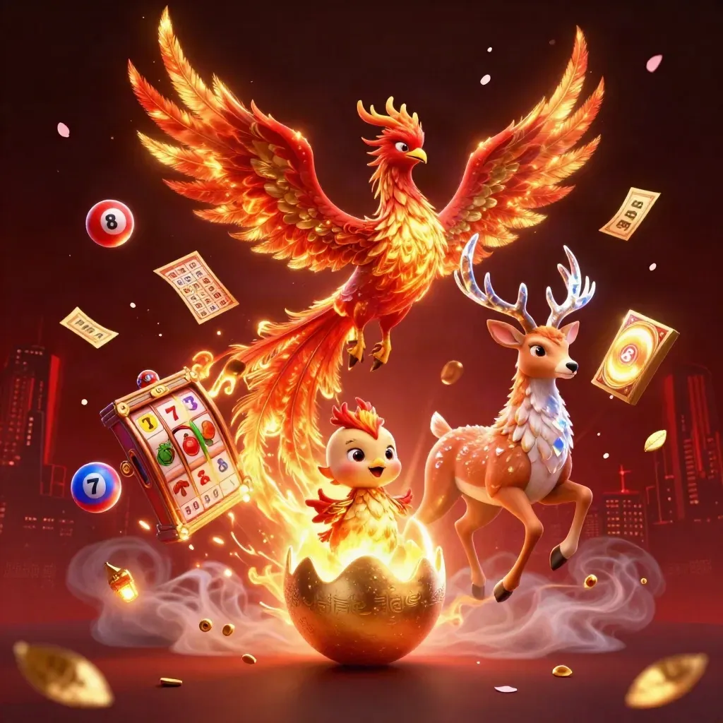 Fire phoenix, hatching chick, and crystal stag amid casino bursts on a dark glowing backdrop