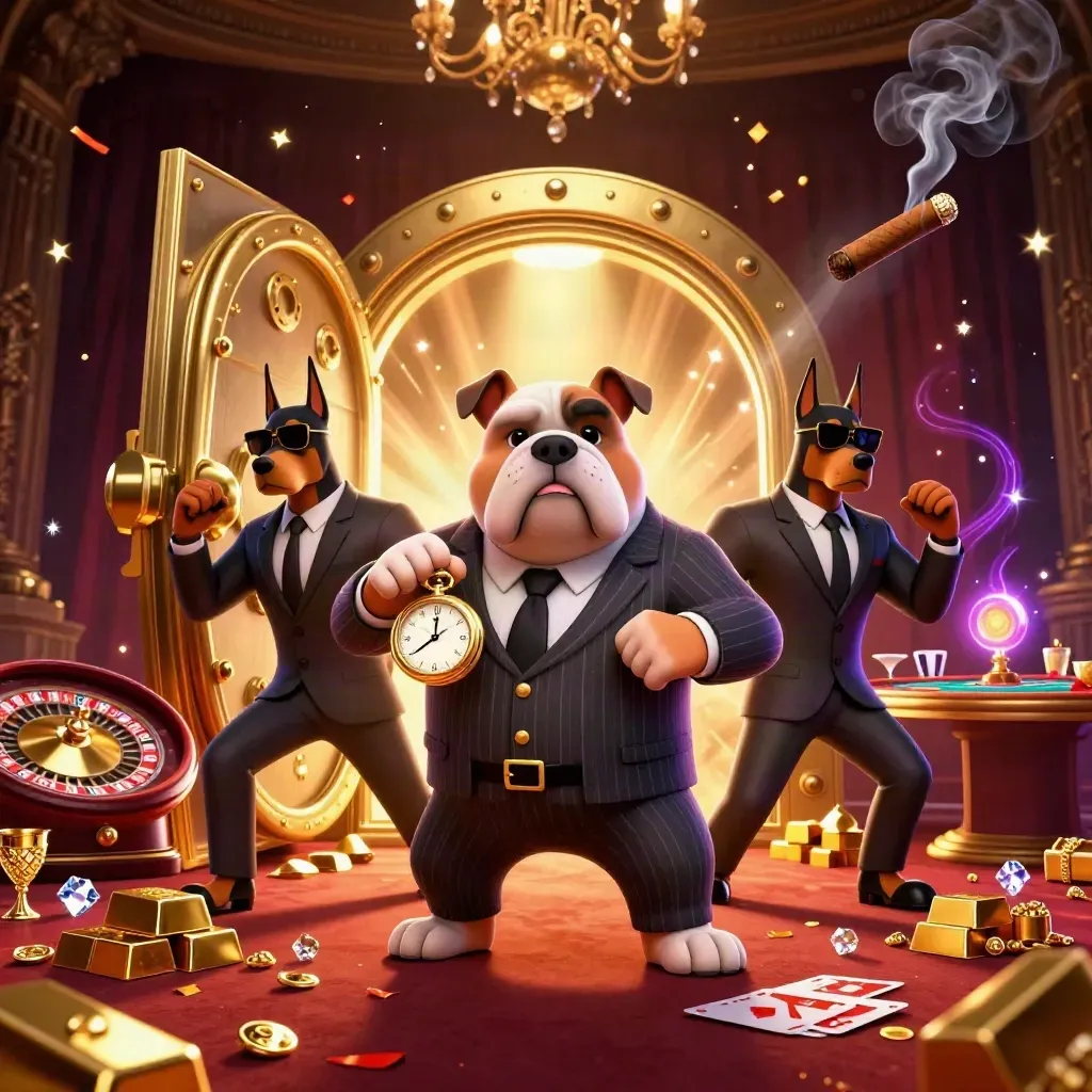 Bulldog mob boss and two Dobermans amid casino riches, vault glow, smoke, and sparkles.