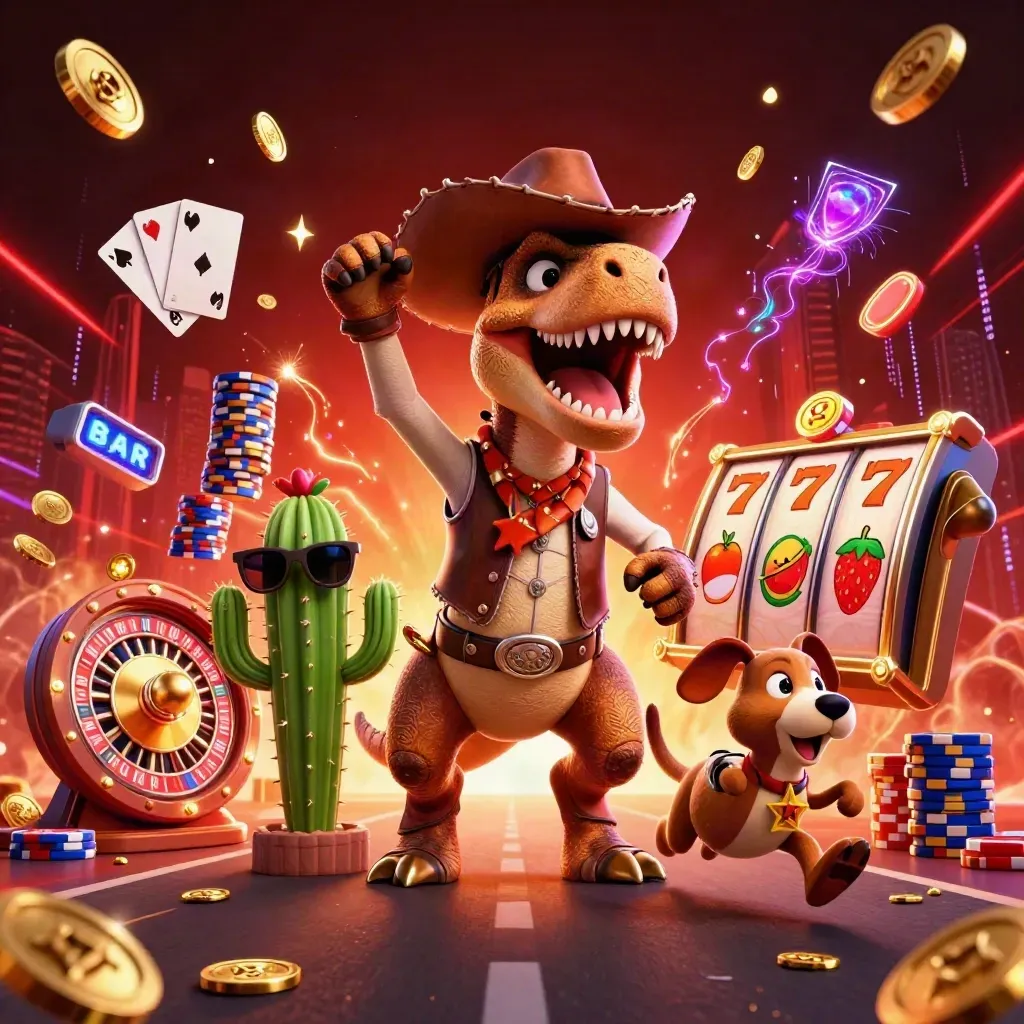Cowboy T-Rex trio amid exploding coins, gems, roulette wheel, and neon casino energy.