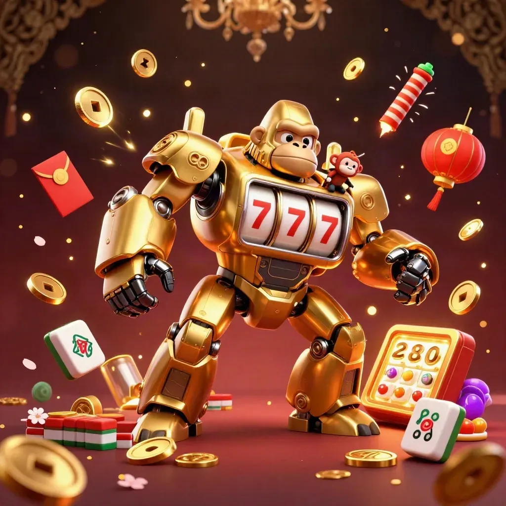 Golden gorilla slot mech with monkey pilot bursting coins, lanterns, fireworks, and jackpots.