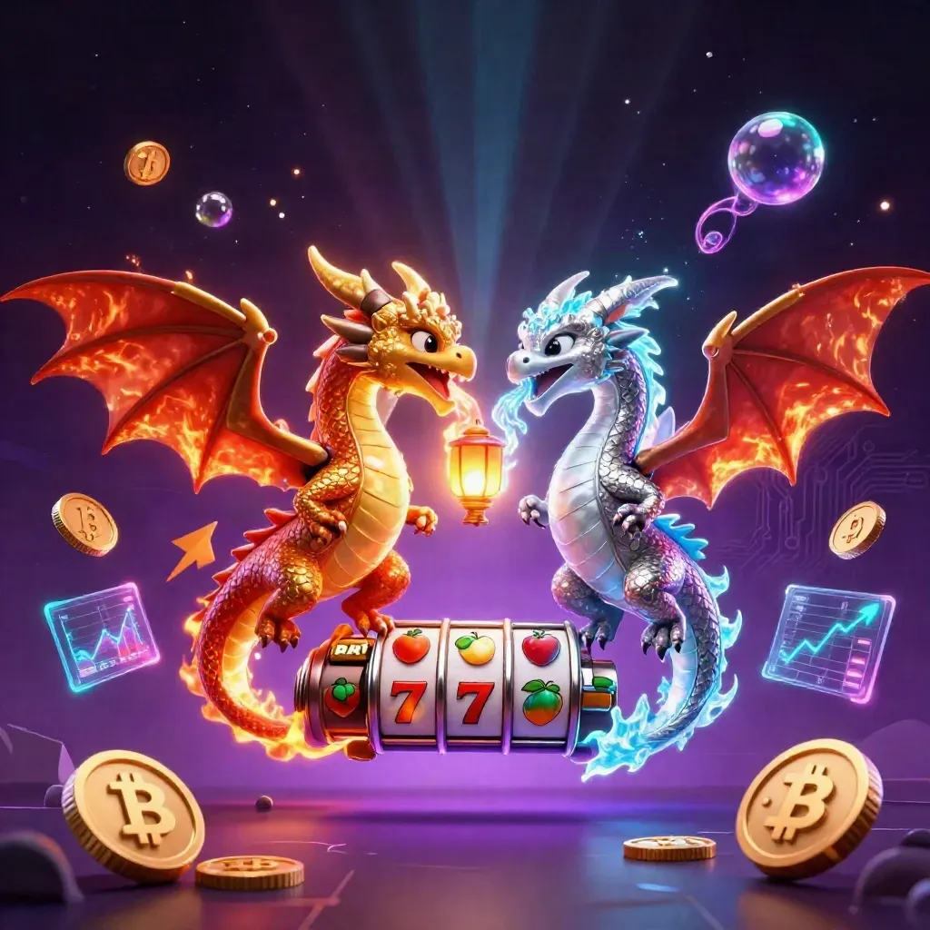 Gold and silver dragons spiral in a neon casino explosion with coins, reels, and glowing effects.