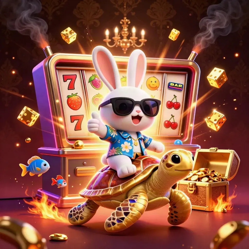 Lucky rabbit on a golden sea turtle, slot machine blast, gold and ember casino key art