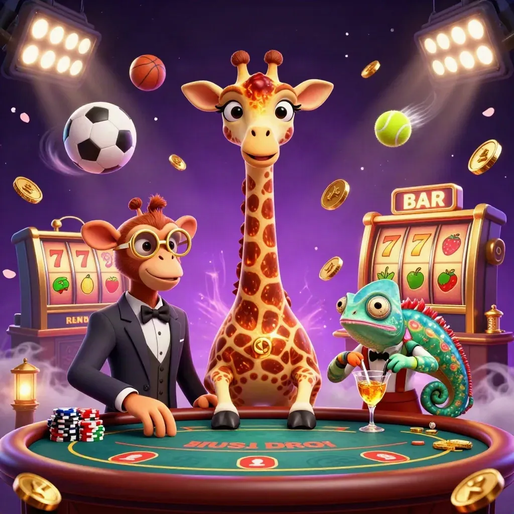 Three casino animals amid flying balls, coins, reels, and glowing lights in a luxe purple-gold splash.
